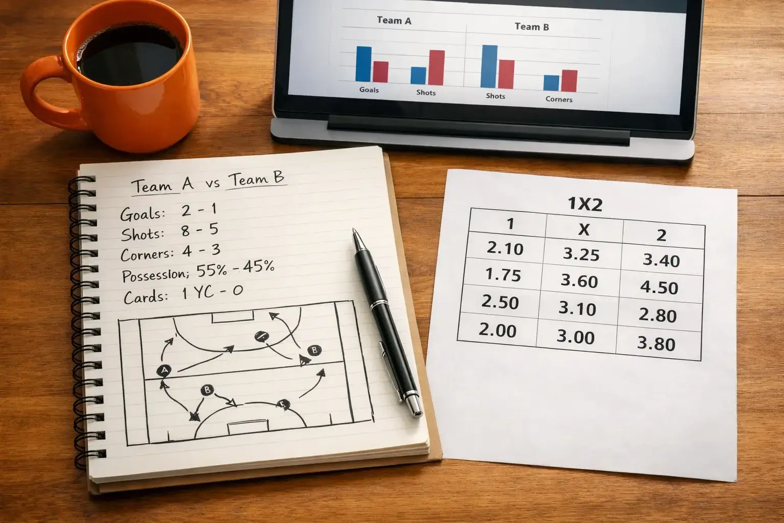 Notitieboek met hockey wedstrijdanalyse en statistieken op een bureau