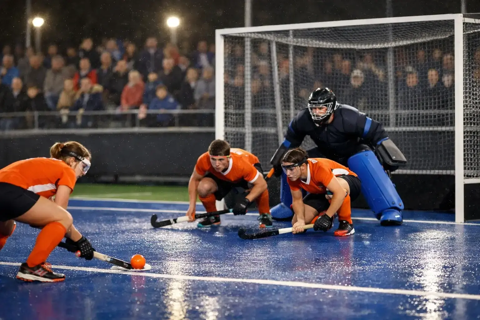 Veldhockeyspelers in actie tijdens een Hoofdklasse-wedstrijd op kunstgras