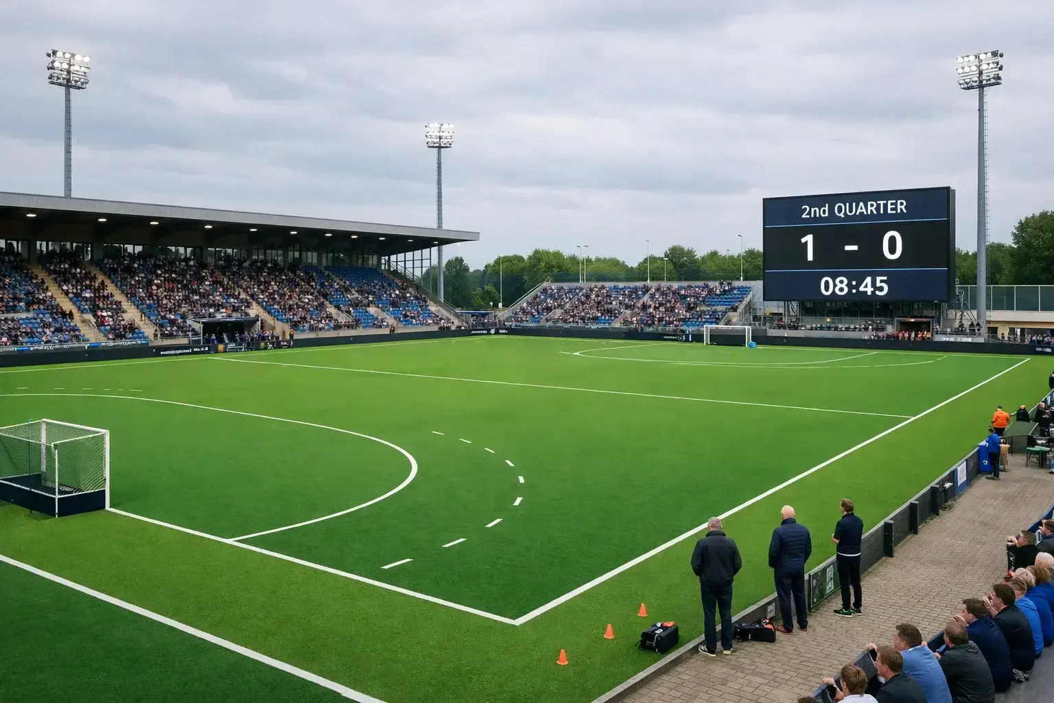Hoofdklasse hockeystadion in Nederland met publiek langs het veld