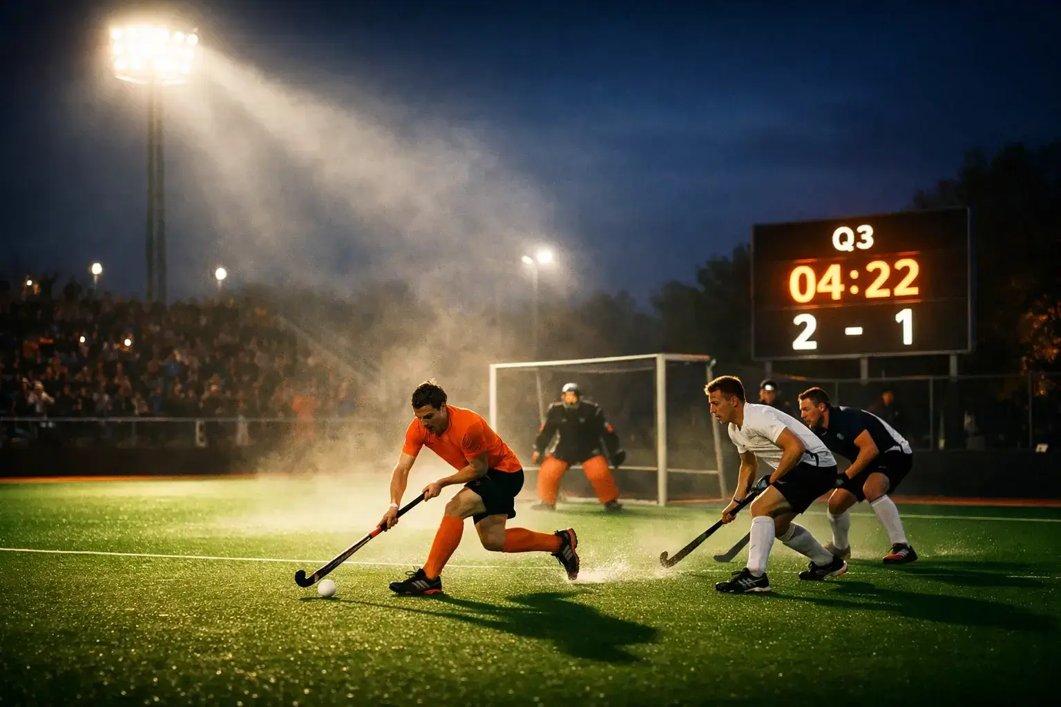 Hockeywedstrijd onder de lampen in de avond met verlichte scoreborden